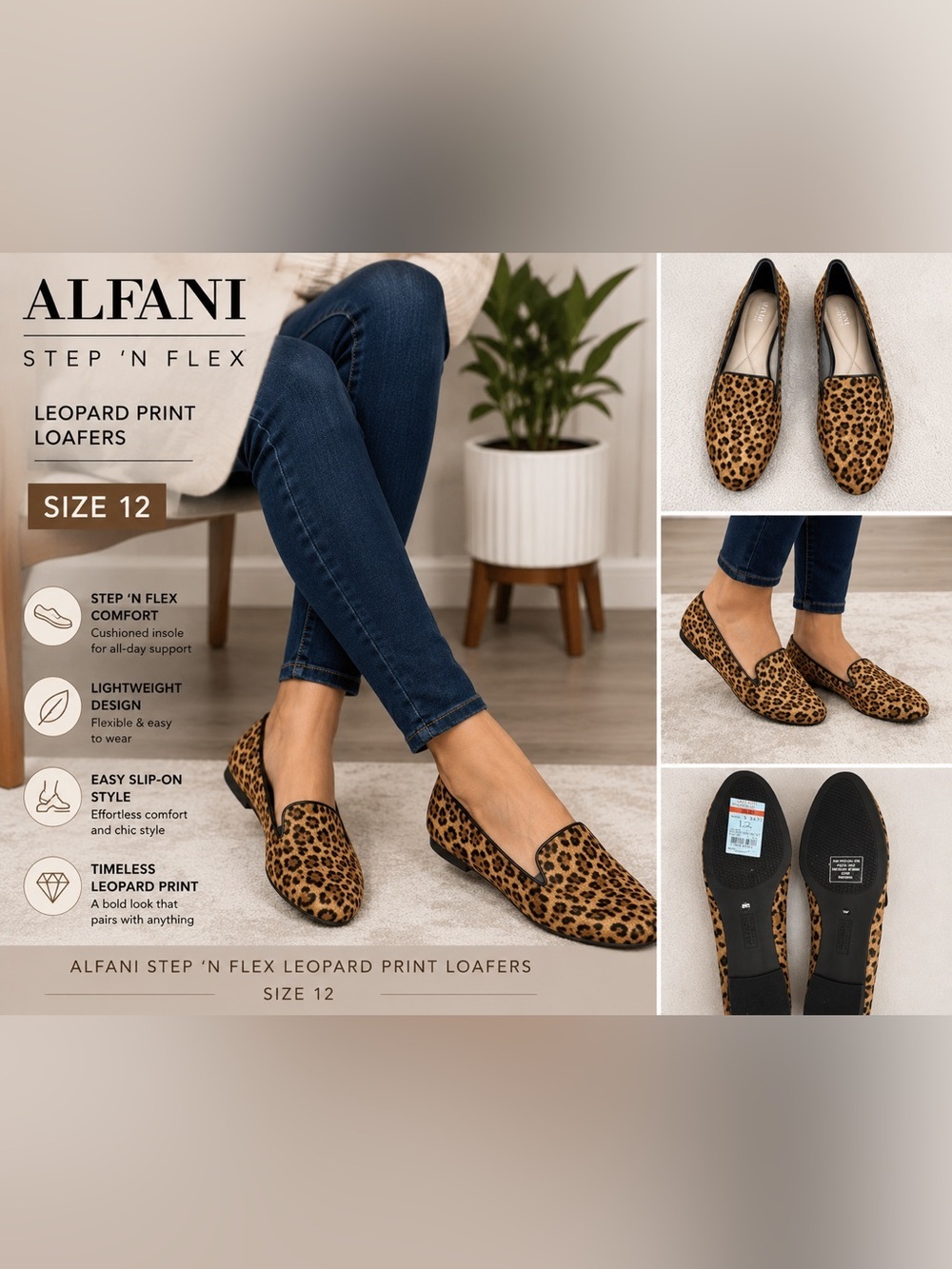 Alfani Step ’N Flex Leopard Print Calf Hair Loafers Flats Size 12 NWT Chic